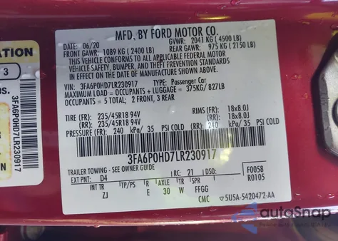 2020 Ford Fusion Se from USA, damaged, VIN 3FA6P0HD7LR230917